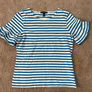J. Crew Blue and White Striped Short Sleeve Cotton Tee w/ Ruffle Sleeve